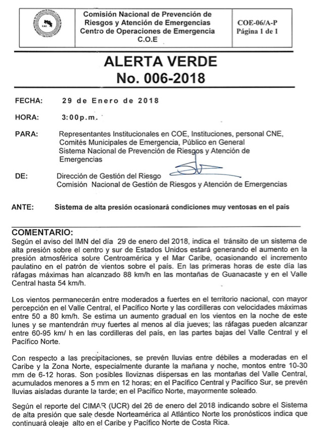 Alerta verde por sistema de alta presión 