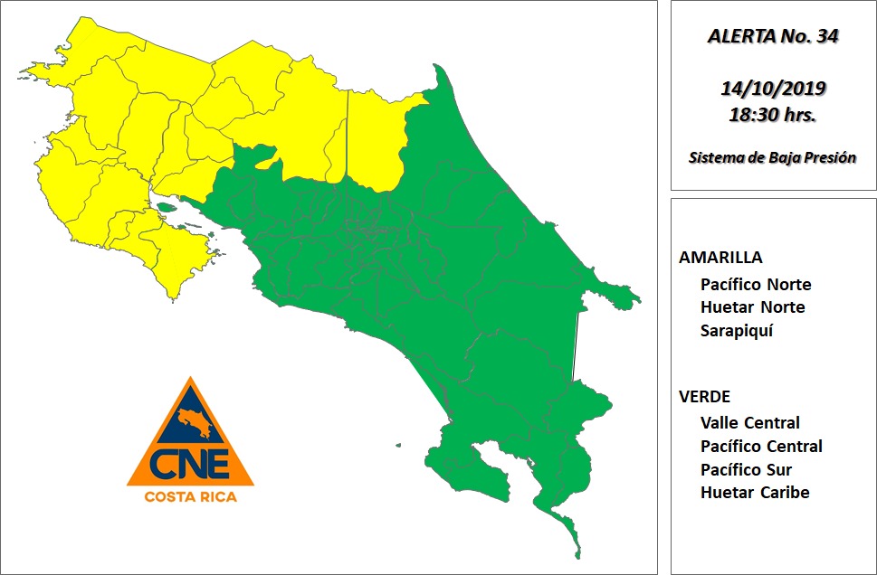 CNE amplía alerta amarilla y verde por fuertes lluvias 