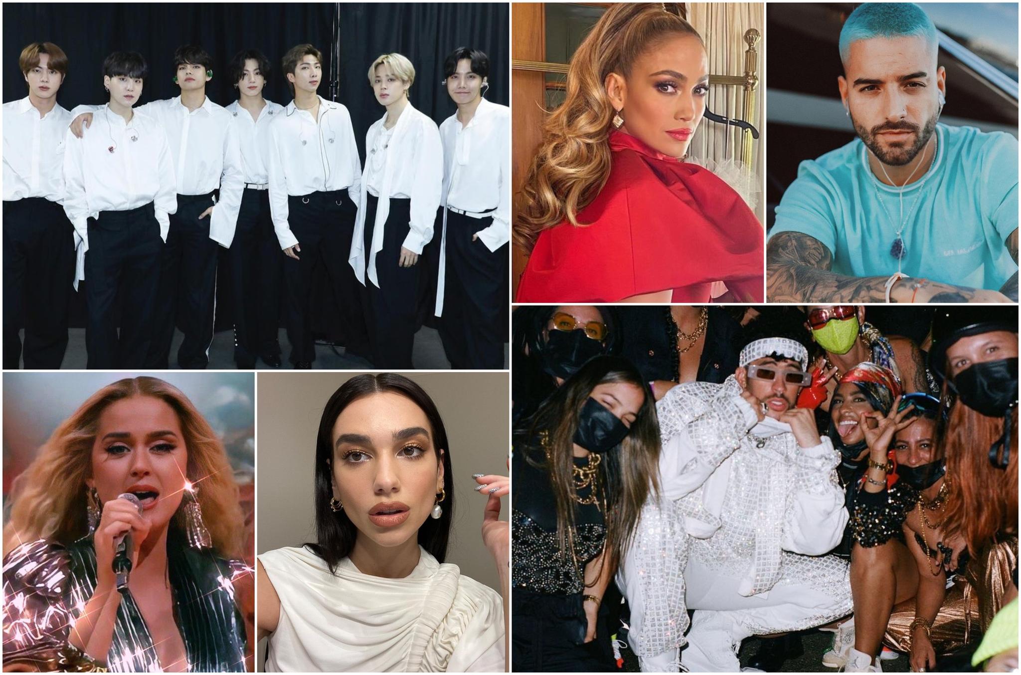 Grandes estrellas formarán parte del show. | Instagram @AMAs, @Maluma, @JLo, @BillieEilish, @BadBunnyPR, @KatyPerry, @DuaLipa