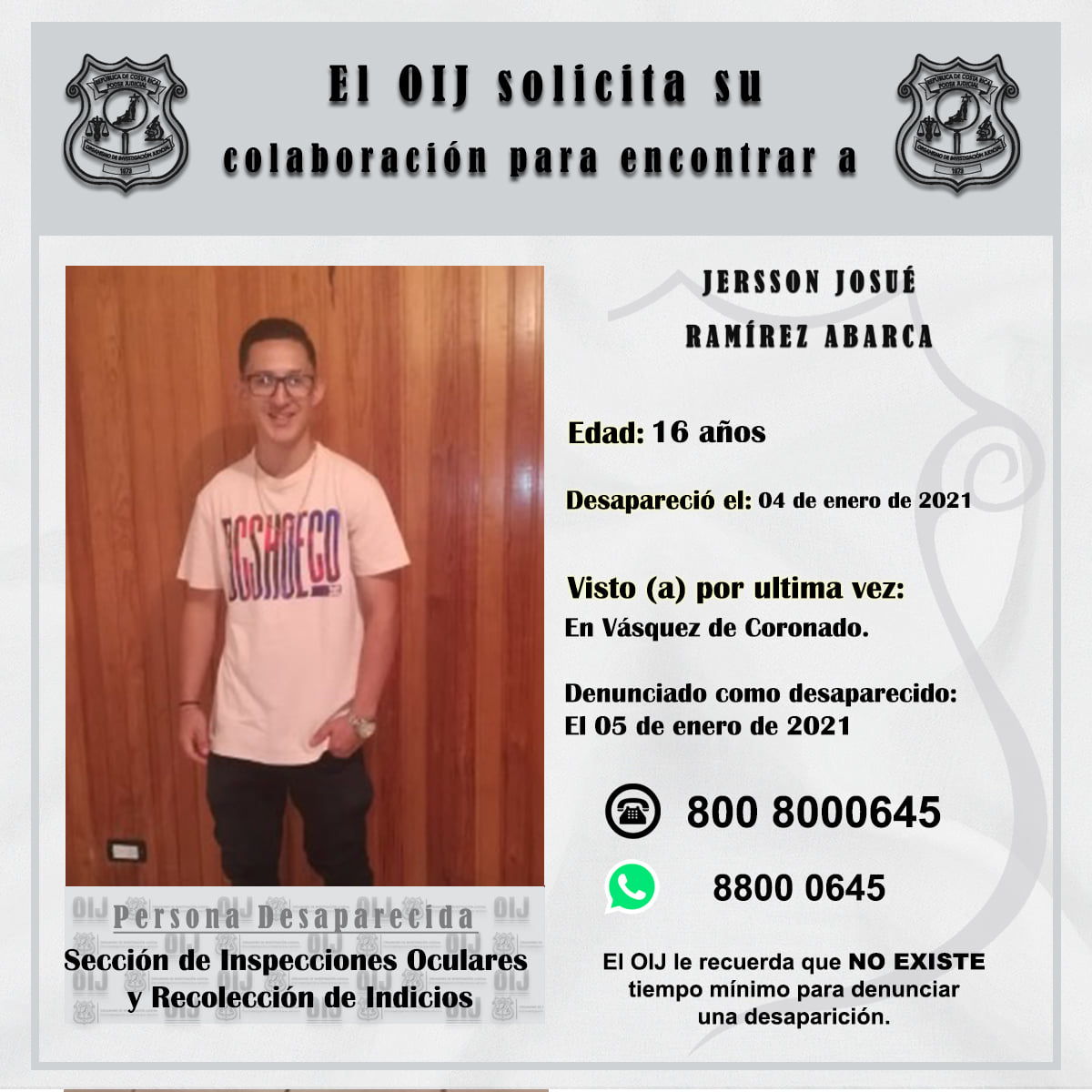 OIJ busca a menor de 16 años desaparecido 