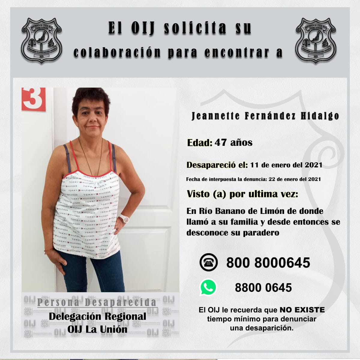 Piden ayuda para encontrar a mujer desaparecida en Limón