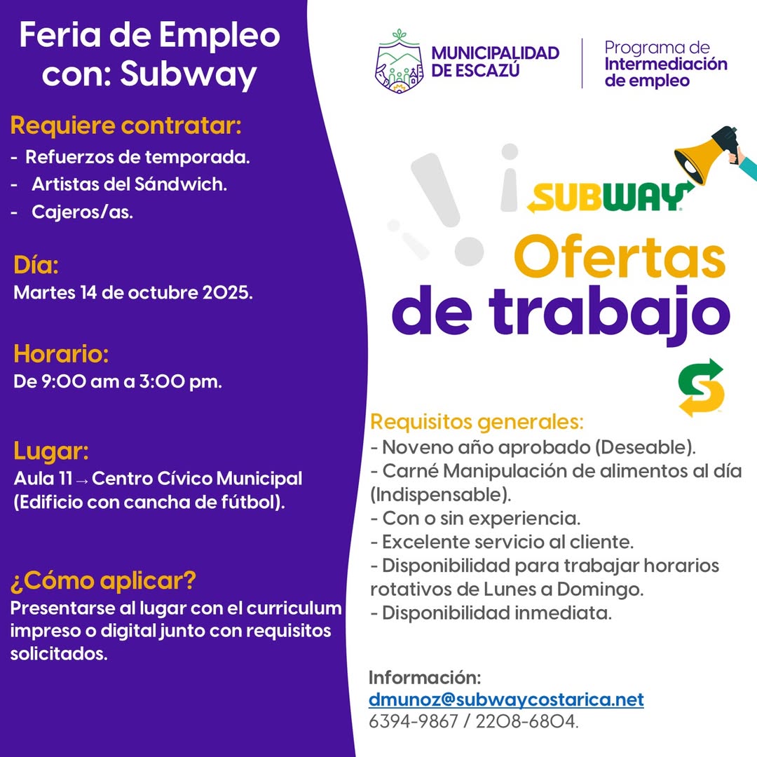 Subway ofrece oportunidades laborales en su Feria de Empleo en Escazú Subway ofrece oportunidades laborales en su Feria de Empleo en Escazú