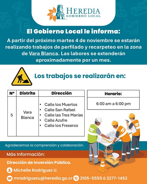 Trabajos de recarpeteo y perfilado en Vara Blanca comenzarán el martes  4 de noviembre (Municipalidad de Heredia).