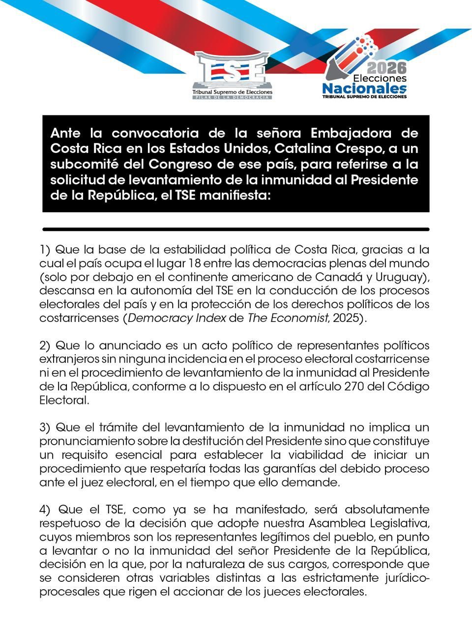 El Tribunal Supremo de Elecciones respondió a citación de embajadora