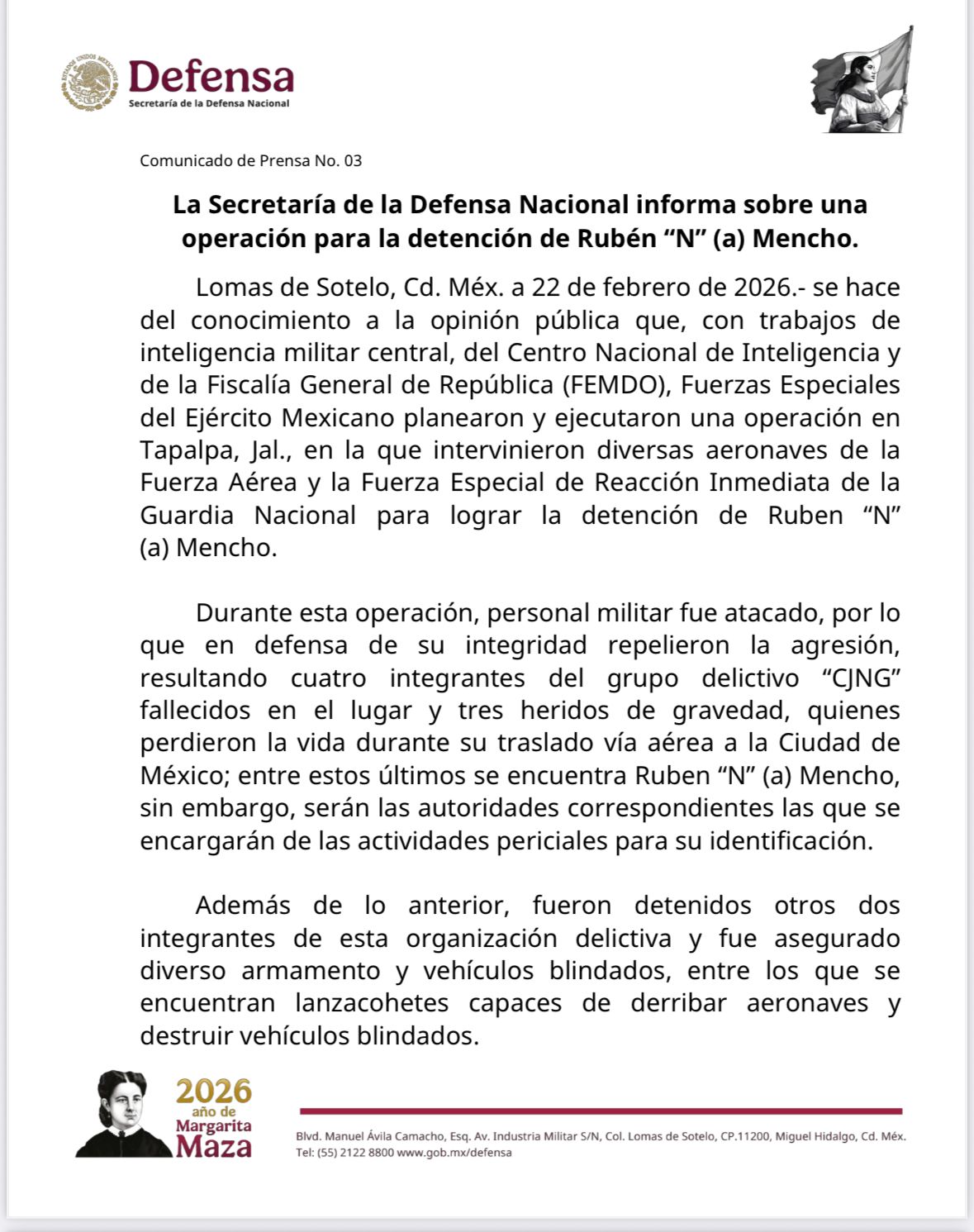 El operativo en Tapalpa, Jalisco, culminó con la muerte de “El Mencho”, máximo líder del CJNG, según informaron autoridades federales.